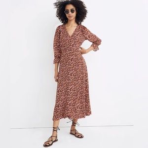 🥀 Madewell Long-Sleeve Crossover Midi Dress in Clipdot Spring Prairie - 00